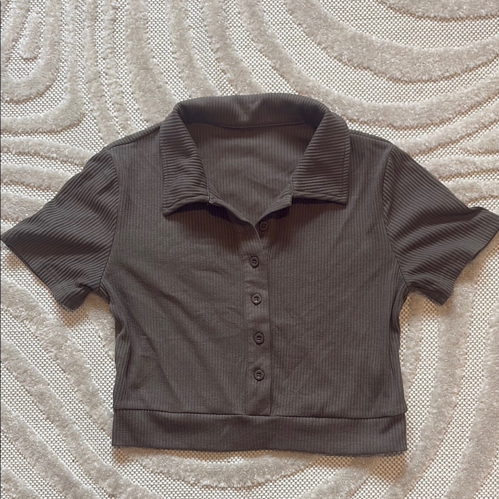Gray Polo Crop Button Down Short Sleeve